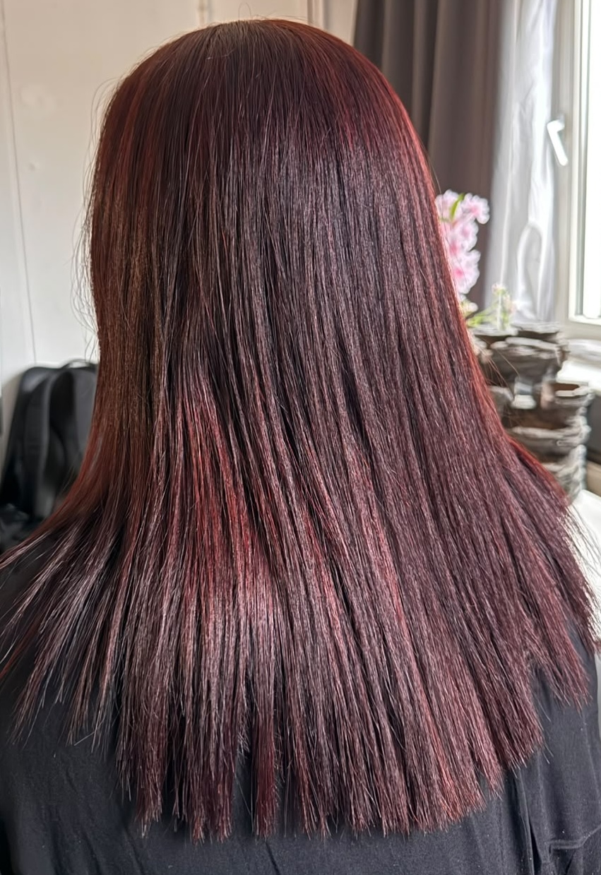 Efekt po zabiegu — wiśniowy brąz — Hair Plex by HK, Zwolle